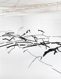 Ulrike Mohr, Anthrakothek, 2013, spatial drawing with a collection of wood into charcoal, wooden planks, nylon thread, 900 x 350 x 500 cm. Photo: Jens Ziehe, copyright the artist and VG BildKunst